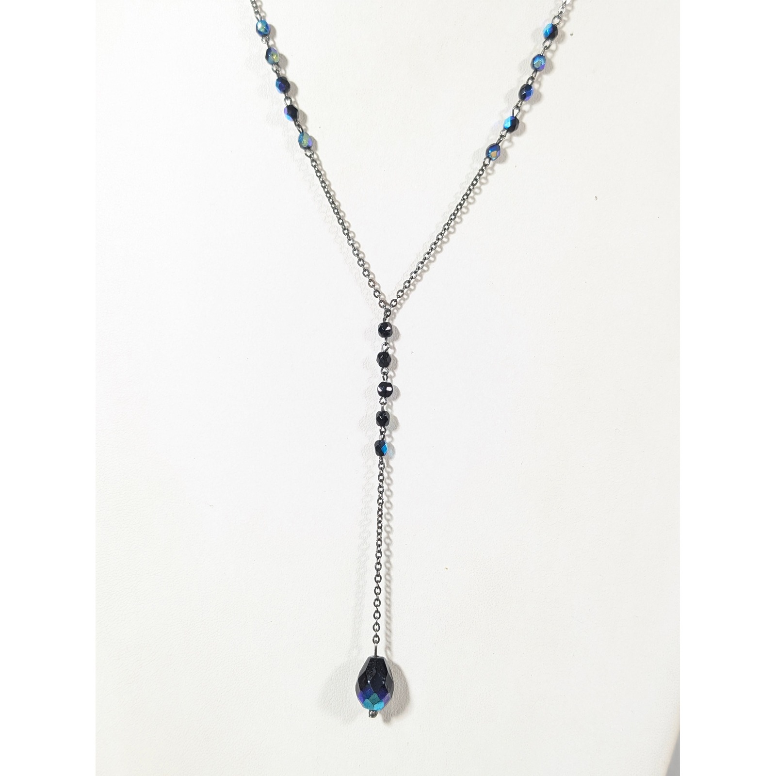 Black Ab Glass Y Drop Necklace Gray Gunmetal Whimsigoth Gothic 24"